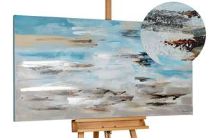 Tableau Vagues dans la brume du matin Bleu - Gris - Bois massif - Textile - 140 x 70 x 4 cm