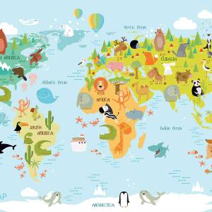 Tableau world map and animals 90 x 60 cm