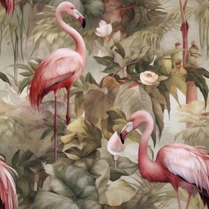 Tapete Vögel Flamingos Blätter Blumen Beige - Braun - Grau - Pink - Papier - Textil - 53 x 1000 x 1000 cm