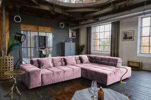 Ecksofa NEVADA Velvet motor. Sitzvorzug Pink - Armlehne davorstehend links - Ecke davorstehend rechts