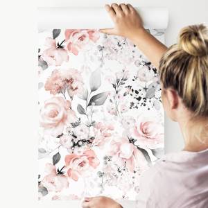 Papier Peint ROSES Feuilles Aquarelle Beige - Gris - Rose foncé - Blanc - Papier - Textile - 53 x 1000 x 1000 cm