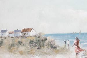 Acrylbild handgemalt Gassi am Strand Beige - Blau - Massivholz - Textil - 120 x 60 x 4 cm