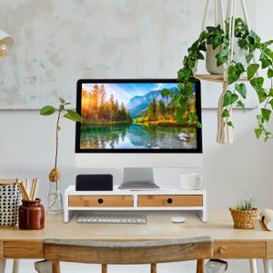 Monitorständer mit Schubladen Braun - Weiß - Bambus - Holzwerkstoff - 56 x 12 x 27 cm