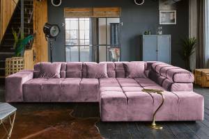 Ecksofa NEVADA Velvet motor. Sitzvorzug Pink - Armlehne davorstehend links - Ecke davorstehend rechts