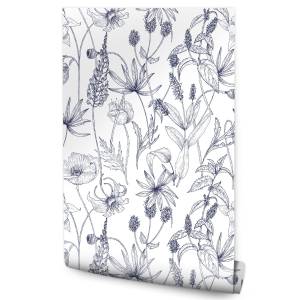 Tapete BLUMEN Kräuter Natur Retro Stil Blau - Grau - Violett - Weiß - Papier - Textil - 53 x 1000 x 1000 cm