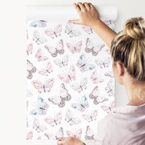 Papier Peint pour enfants papillons Bleu - Gris - Blanc - Papier - 53 x 1000 x 1000 cm