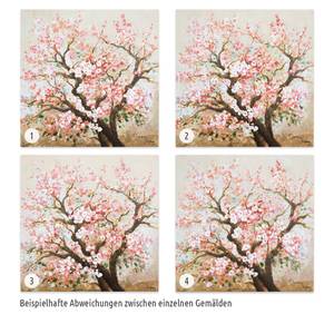 Tableau peint à la main Hanami joyeux Marron - Rose foncé - Bois massif - Textile - 80 x 80 x 4 cm