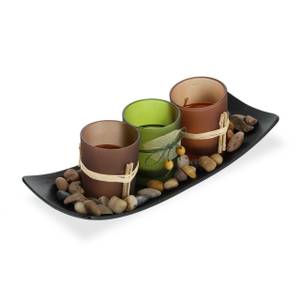 Teelichthalter Set mit Tablett Schwarz - Braun - Grün - Holzwerkstoff - Glas - Stein - 26 x 8 x 10 cm