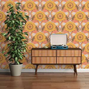 Retro-Tapete 70er Jahre Blumen Beige - Braun - Orange - Rot - Gelb