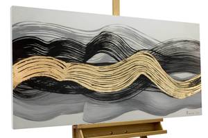 Tableau peint à la main Vague engloutie Noir - Blanc - Bois massif - Textile - 120 x 60 x 4 cm