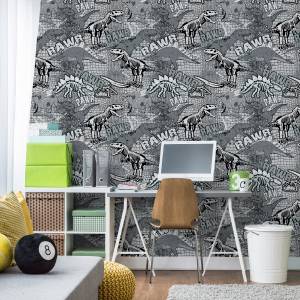 Papier Peint Enfants DINOSAURES Animaux Noir - Gris - Blanc - Papier - Textile - 53 x 1000 x 1000 cm