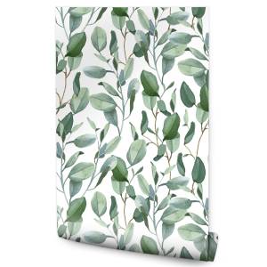 Papier Peint Plantes FEUILLES Eucalyptus Beige - Vert - Blanc - Papier - Textile - 53 x 1000 x 1000 cm