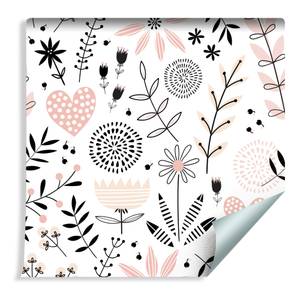 Papier Peint fleurs feuilles cœurs Beige - Noir - Blanc - Papier - 53 x 1000 x 1000 cm