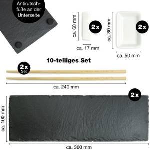 10tlg Sushi Set Schieferplatte + Schalen Schwarz - Holzwerkstoff - 14 x 7 x 34 cm