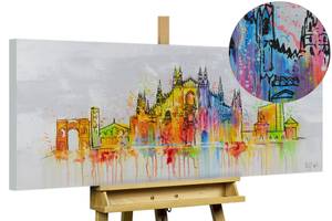 Bild gemalt Mailand Skyline Silhouette Grau - Massivholz - Textil - Holz teilmassiv - 120 x 60 x 4 cm