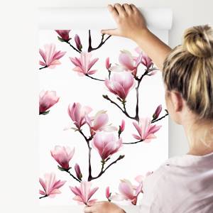 Tapete BLUMEN Magnolien Zweige Natur Schwarz - Grün - Pink - Weiß - Papier - Textil - 53 x 1000 x 1000 cm