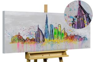 Tableau peint Dubai Skyline Silhouette Gris - Bois massif - Textile - En partie en bois massif - 120 x 60 x 4 cm