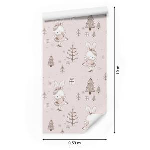 Papier Peint pour enfants lapins arbres Marron - Orange - Papier - 53 x 1000 x 1000 cm