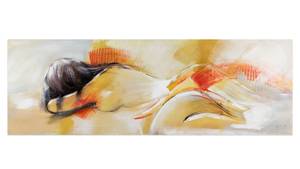 Tableau peint à la main Chaleur du cœur Orange - Jaune - Bois massif - Textile - 150 x 50 x 4 cm