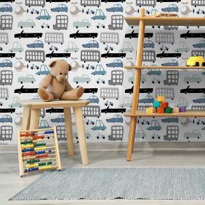 Papier Peint Pour Enfants Voitures Beige - Noir - Bleu - Gris - Blanc - Papier - 53 x 1000 x 1000 cm