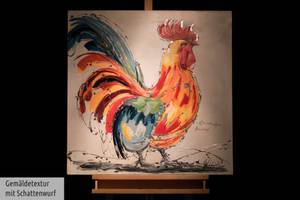 Tableau peint Coq dans le panier Bois massif - Textile - 80 x 80 x 4 cm