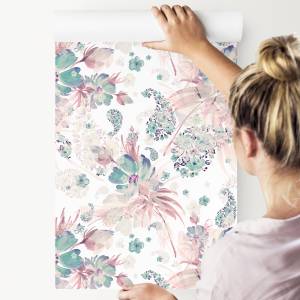 Papier Peint fleurs feuilles pastel Beige - Bleu - Vert - Mauve - Blanc - Papier - 53 x 1000 x 1000 cm