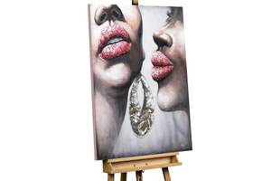 Acrylbild handgemalt Friendly Secret Beige - Weiß - Massivholz - Textil - 75 x 100 x 4 cm