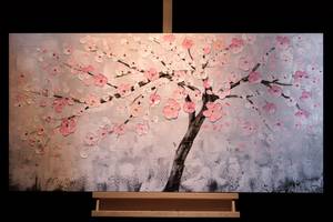 Acrylbild handgemalt Kirschblütentraum Grau - Pink - Massivholz - Textil - 123 x 63 x 4 cm