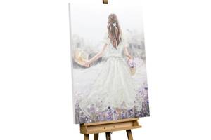 Tableau peint Girl with Flowers Blanc - Bois massif - Textile - En partie en bois massif - 75 x 100 x 4 cm