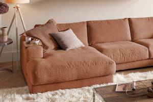 Sofa MADELINE Wohnlandschaft Cord Braun - Armlehne davorstehend rechts - Longchair davorstehend links