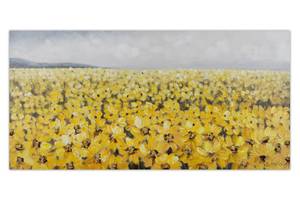 Tableau peint Flower Sea in Yellow Marron - Jaune - Bois massif - Textile - En partie en bois massif - 120 x 60 x 4 cm