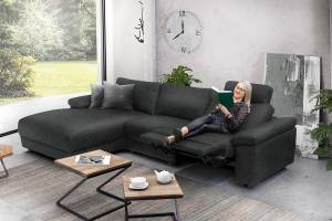 Ecksofa LOLA XL motor. Relaxfunktion Schwarz - Ecke davorstehend links - Longchair davorstehend links - Ottomane davorstehend links - Echtleder - Massivholz