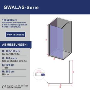 Duschwand Walk-In GWALAS Nano schwarz Breite: 110 cm