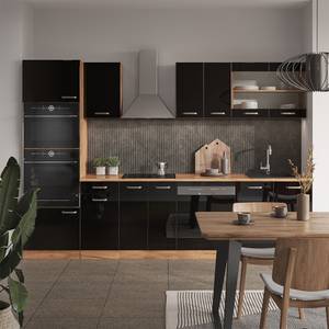 Küchenzeile R-Line 300cm/ohne AP Hochglanz Schwarz - Eiche Dekor