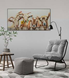 Tableau peint Curious Flock of Goats Marron - Blanc - Bois massif - Textile - 100 x 50 x 4 cm