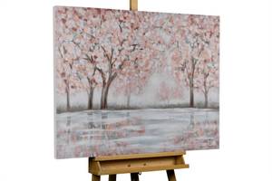 Tableau peint à la main Spring Garden Gris - Rose foncé - Bois massif - Textile - 100 x 75 x 4 cm