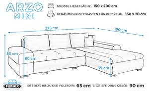 Ecksofa ARZO MINI Lavagrau - Weiß - Breite: 275 cm