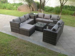 9 Sitzer Rattan Sofa Gartenmöbel Set Grau - Polyrattan - Stein - 65 x 66 x 177 cm