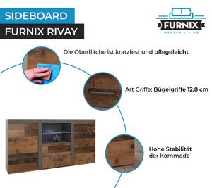 FURNIX Sideboard RIVAY MateraOldwood+LED Dunkelbraun - Graphit - Eiche Dunkel