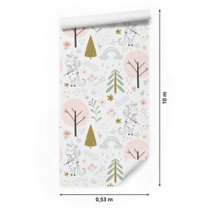 Papier Peint licornes plantes enfants Gris - Vert - Blanc - Papier - 53 x 1000 x 1000 cm