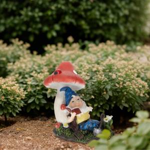 Nain de jardin avec champignon et livre Vert - Rouge - Blanc - Matière plastique - Pierre - 27 x 25 x 16 cm
