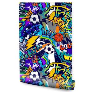 Papier Peint de jeunesse graffiti sport Noir - Bleu - Gris - Vert - Orange - Blanc - Papier - 53 x 1000 x 1000 cm