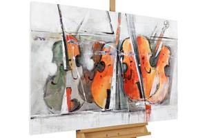 Tableau peint Quatuor de violons Gris - Orange - Bois massif - Textile - 120 x 80 x 4 cm