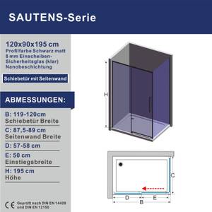 Eckeinstieg Duschkabine mit Schiebetür Schwarz - Glas - 120 x 195 x 90 cm