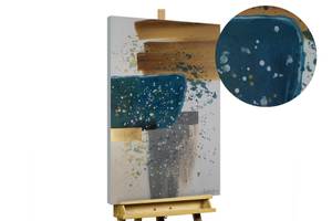 Tableau peint à la main Turquoise Splash Bleu - Gris - Bois massif - Textile - 60 x 90 x 4 cm