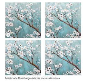 Acrylbild handgemalt Weiße Blütenkrone Blau - Weiß - Massivholz - Textil - 80 x 80 x 4 cm