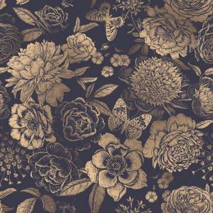 Papier Peint FLEURS Papillons Vintage Beige - Bleu - Marron - Gris - Papier - Textile - 53 x 1000 x 1000 cm