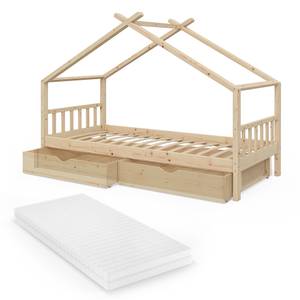 Lit enfant Design avec tiroir et matelas Marron - Bois massif - 208 x 146 x 97 cm