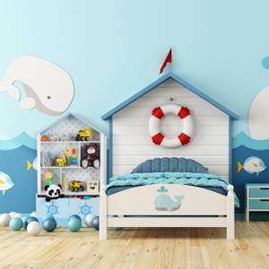 Armoire enfants, toit et motif maritime Bleu - Blanc - Bois manufacturé - 75 x 128 x 34 cm
