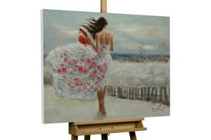 Tableau peint à la main Wind's Embrace Marron - Blanc - Bois massif - Textile - 100 x 70 x 4 cm